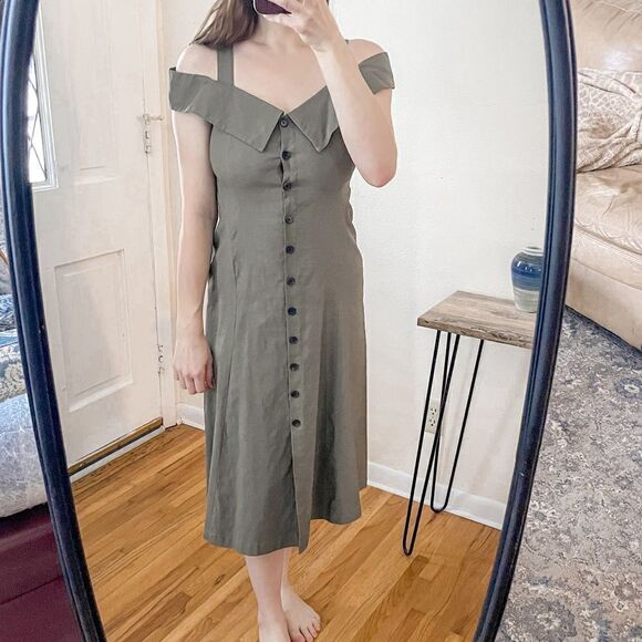 ALC Hudson Cold Shoulder Midi Dress Linen Blend Olive